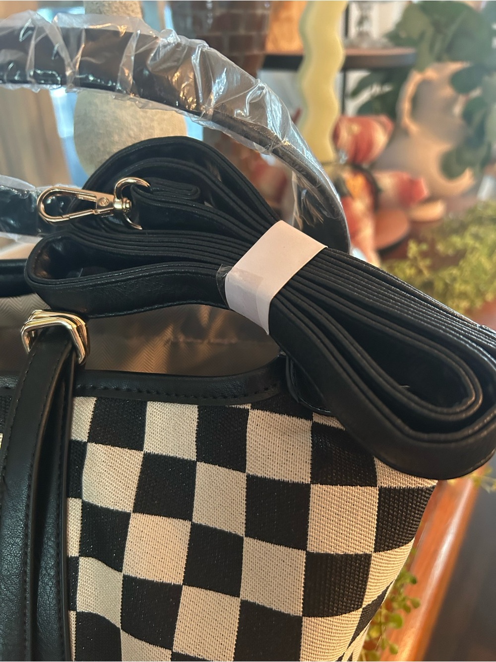 Black & White Checker Purse Bag with Lock Accent - Picture 5 of 5